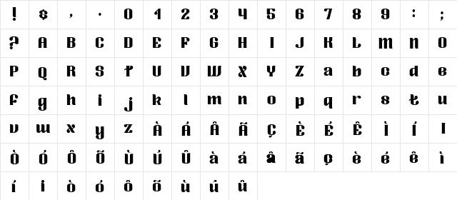 Zoika font Bold  glyph index