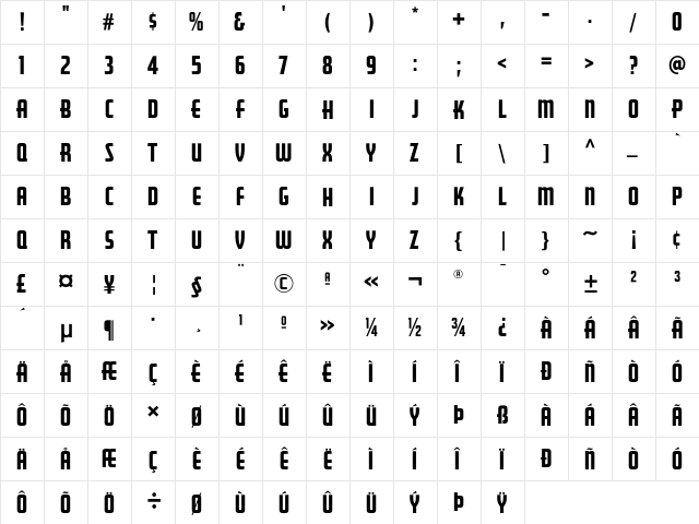 GoldenGate-Gothic Regular  glyph index