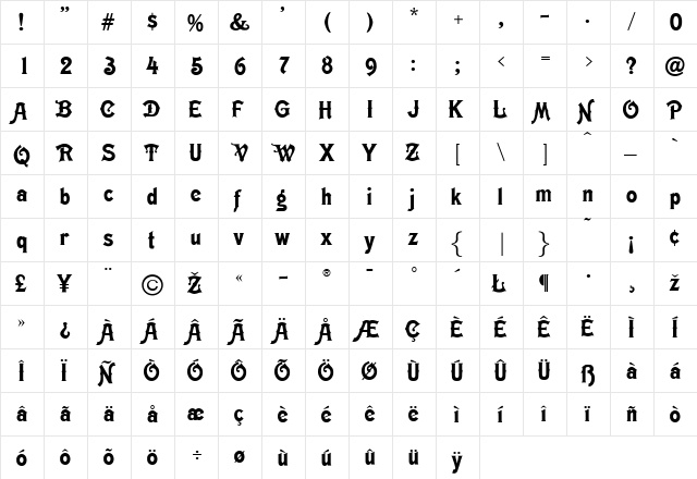 Meistersinger Regular  glyph index
