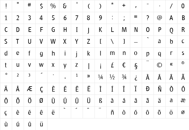 Yellow Regular  glyph index
