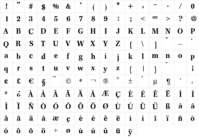 F820-Roman Bold  glyph index
