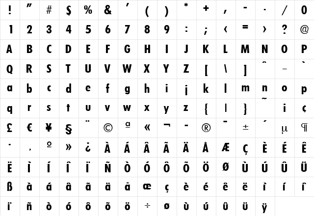 PeterBeckerCond Bold  glyph index