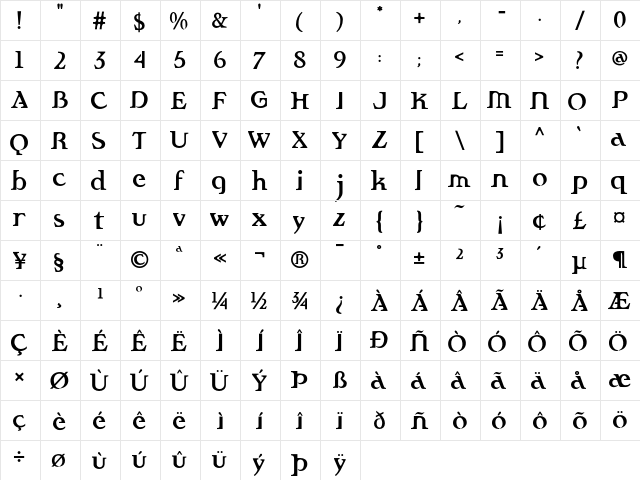 Fandango Bold  glyph index