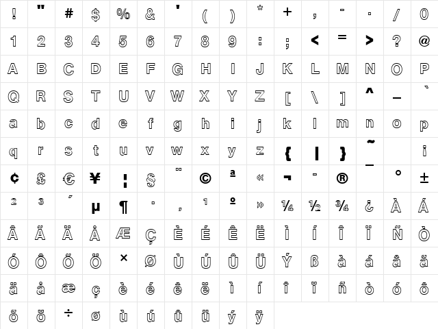 Arezzo-Outline Regular  glyph index