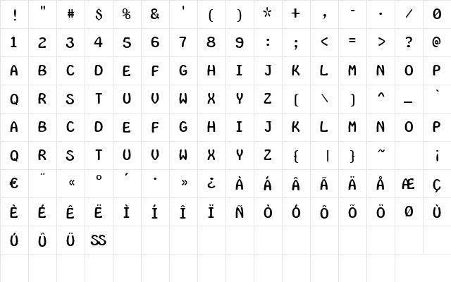 InsideLetters Regular  glyph index