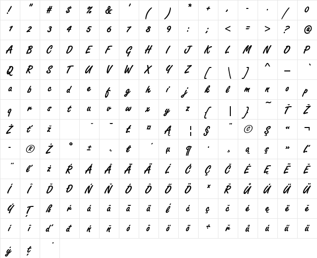 FreestyleScrDEE Bold  glyph index