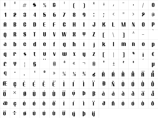 Ptarmigan Condensed Regular  glyph index