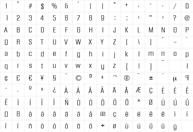DiamanteSerial-Light Regular  glyph index