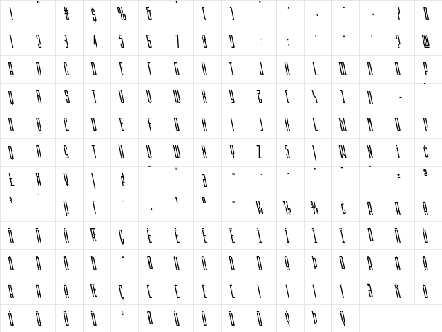 Blue Cobra Leftalic Regular  glyph index