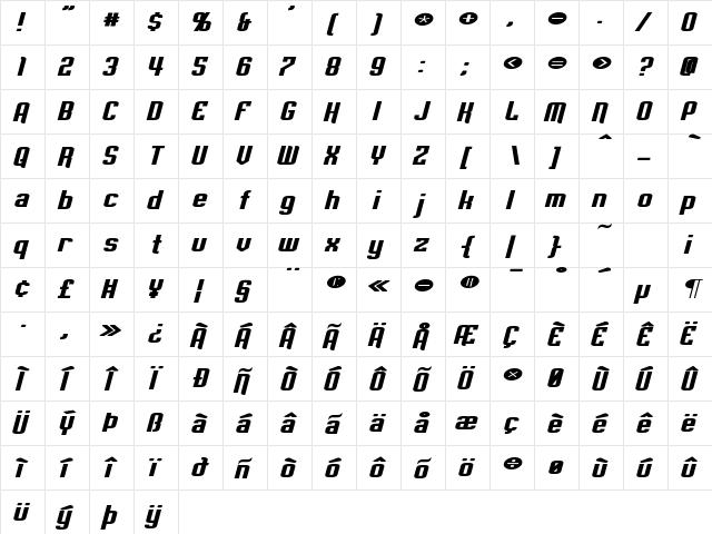 Empanada Expanded Italic  glyph index