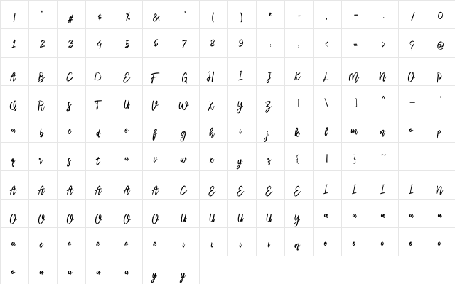 Sabrina Regular  glyph index
