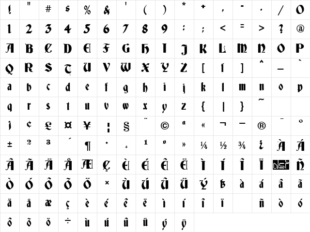 Altdeutsche Schrift Regular  glyph index