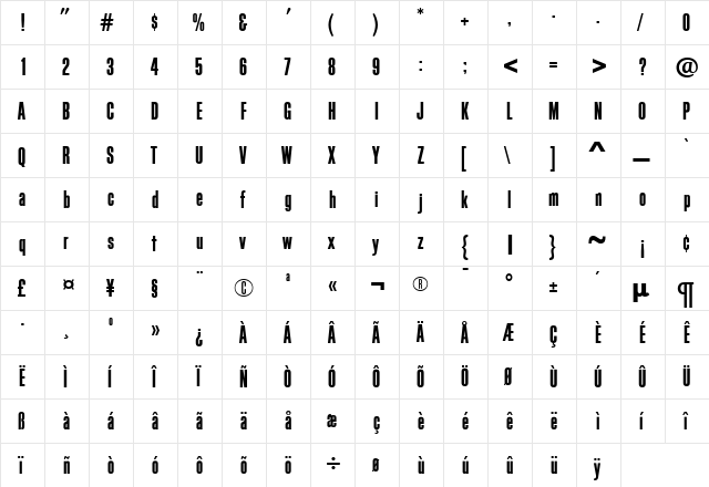 BlockGothicBoldExtraCond Roman  glyph index