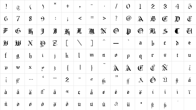 BobGothic Regular  glyph index