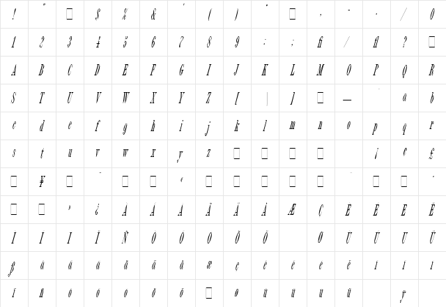 Bordeaux Italic LET Plain  glyph index