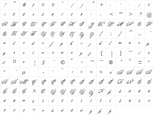 FlemishScriptBT Regular  glyph index