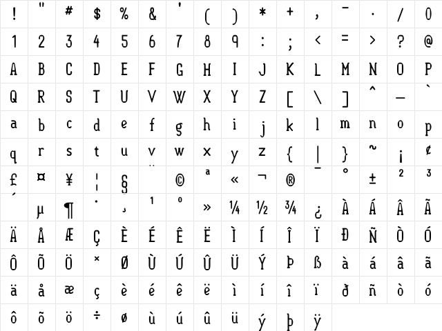 Semi-Sweet Regular  glyph index