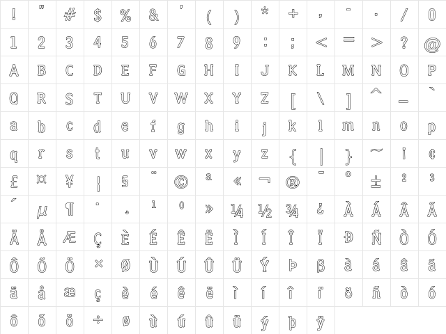 Clique-SerifOutline Bold  glyph index