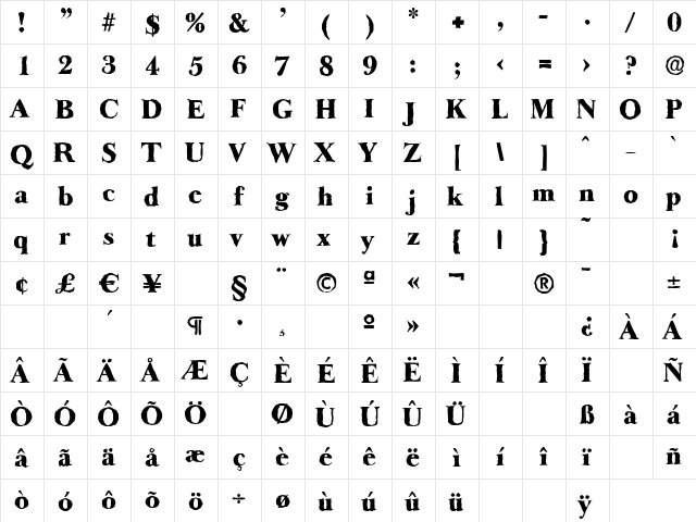 BaskerOldAntique-Heavy Regular  glyph index