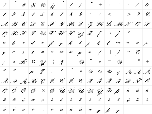 Quill Script Black SSi Black  glyph index