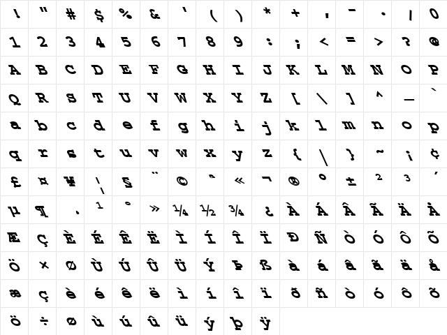 FZ BASIC 54 LEFTY Bold  glyph index