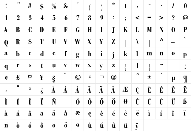 Bodoni Recut Condensed SSi Bold Condensed  glyph index