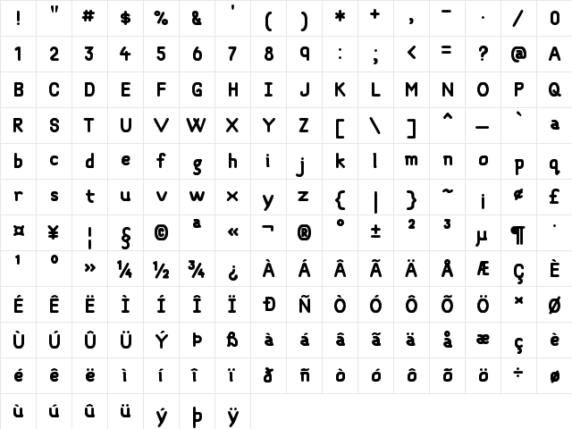 Objective Bold  glyph index