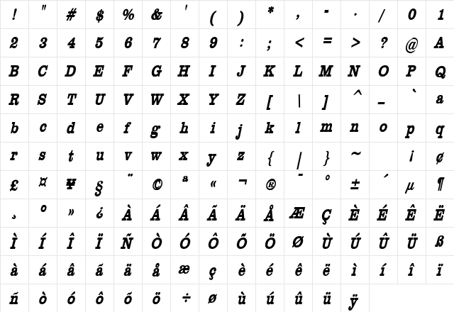 Clare Condensed Bold Italic  glyph index