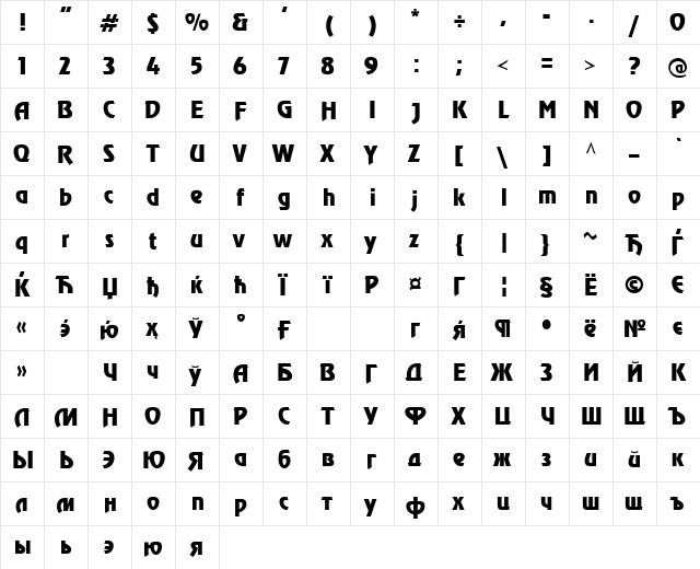 CyrillicRevue Normal  glyph index