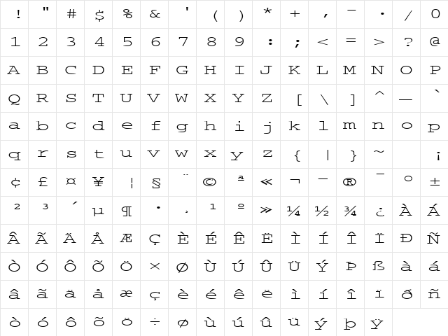 Machine Regular  glyph index