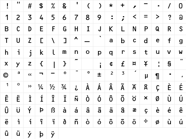 OCR B Std Medium  glyph index