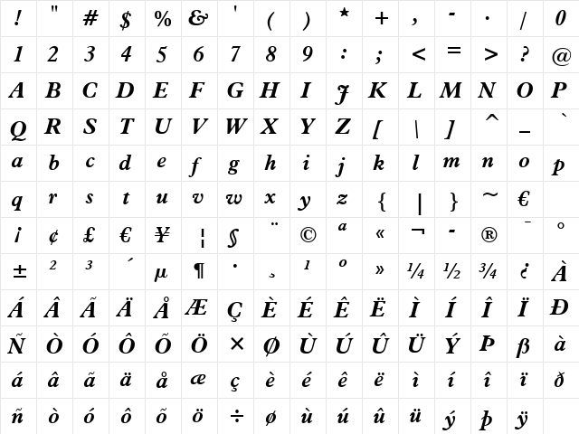 Aldine721 BT Bold Italic  glyph index