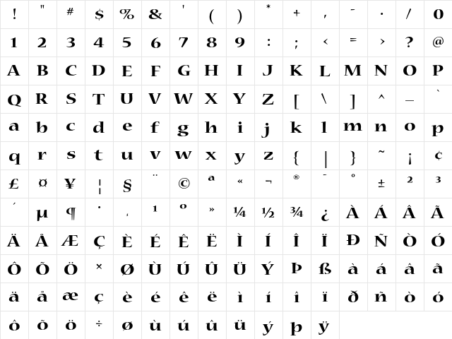 Nueva Bold Extended  glyph index