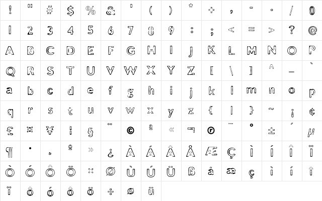 Burnout Regular  glyph index