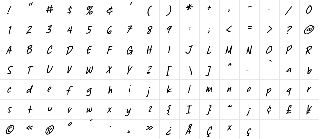 Chewed Pen BB Italic  glyph index