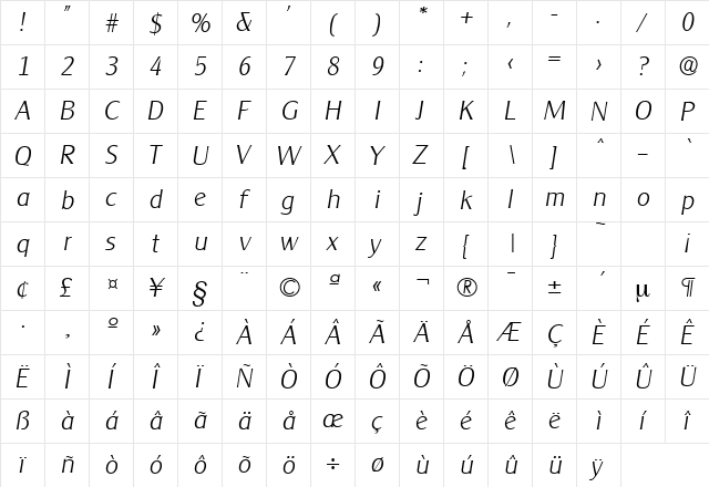Cleargothic-Serial-ExtraLight RegularItalic  glyph index