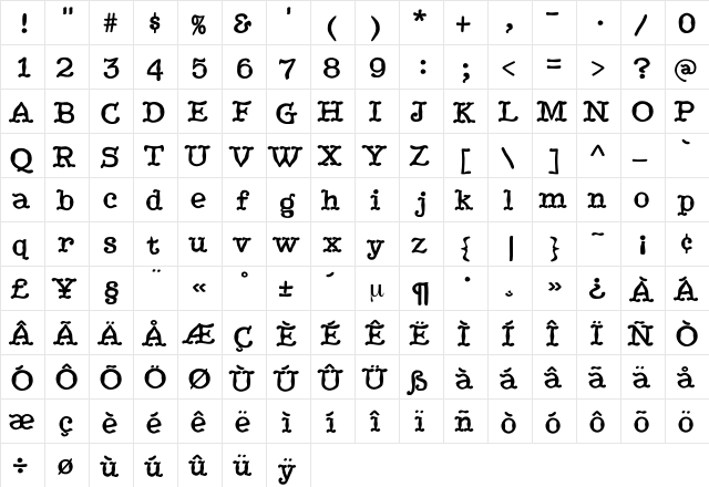 JukeboxBold Regular  glyph index