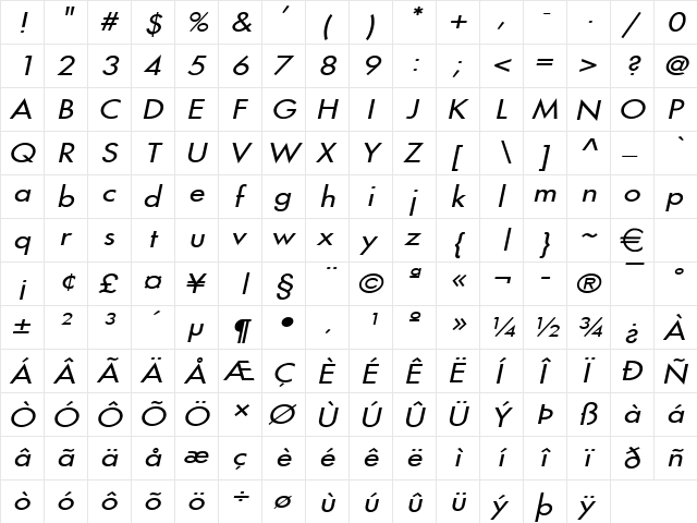 FusiWide Italic  glyph index