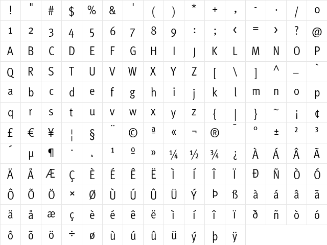 MetaCondNormal Roman  glyph index