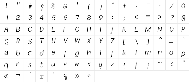 SlantInformal- Regular  glyph index