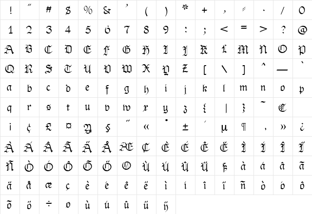 Tribune Regular  glyph index