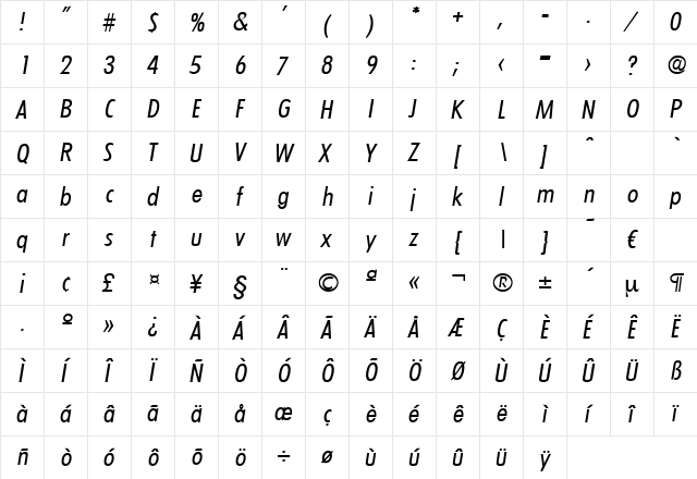 Limerick-RegularCondIta Regular  glyph index