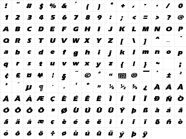 ErgoeBlack Italic  glyph index