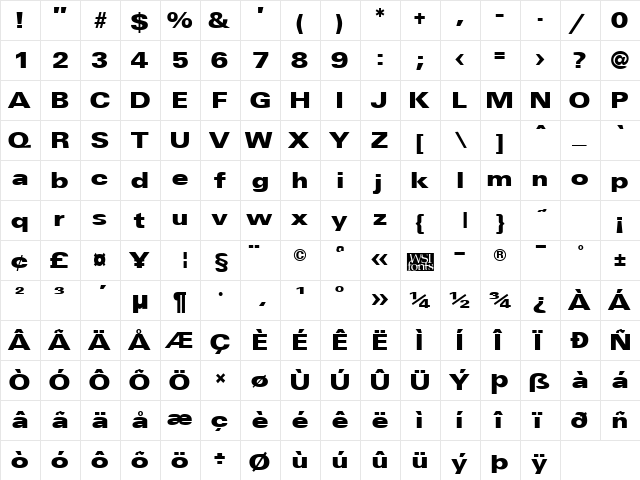 UniversalBlack Regular  glyph index