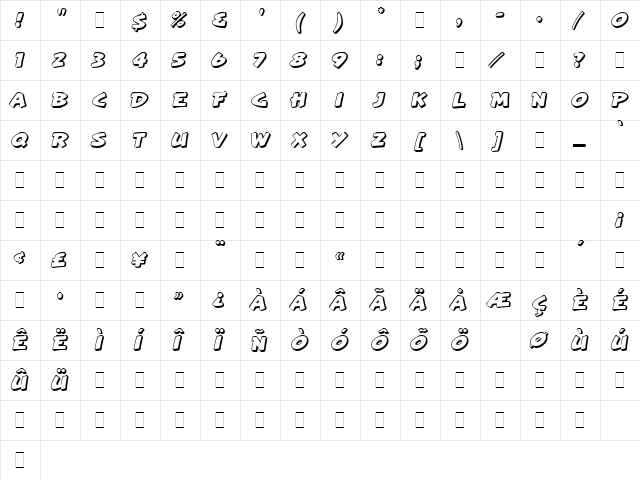Artiste LET Plain  glyph index