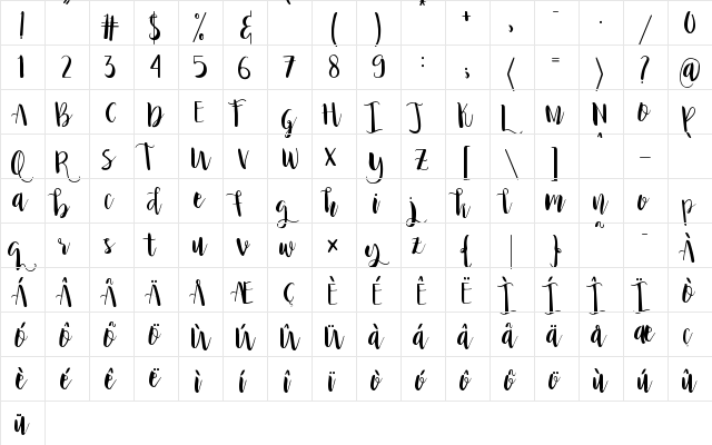 Princess Ivy Regular  glyph index