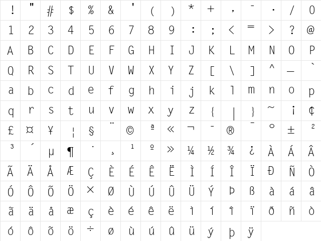 LetterGothic LT Regular  glyph index