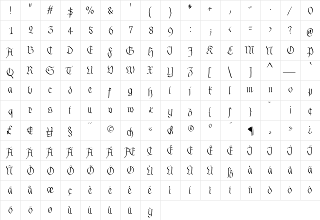 FraxHandwritten Regular  glyph index