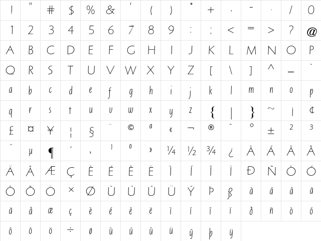 Arta AT Light Italic  glyph index