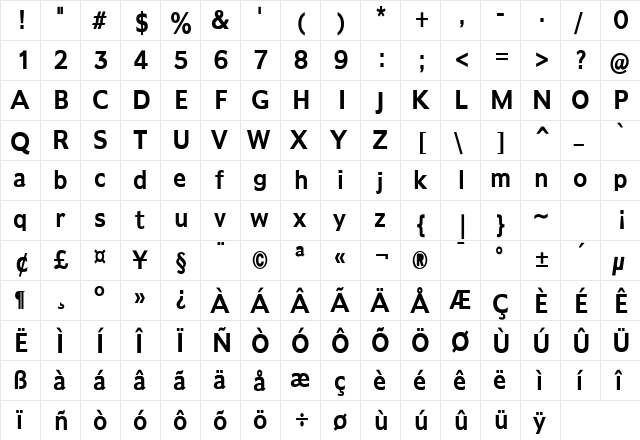 Adams Condensed Bold  glyph index
